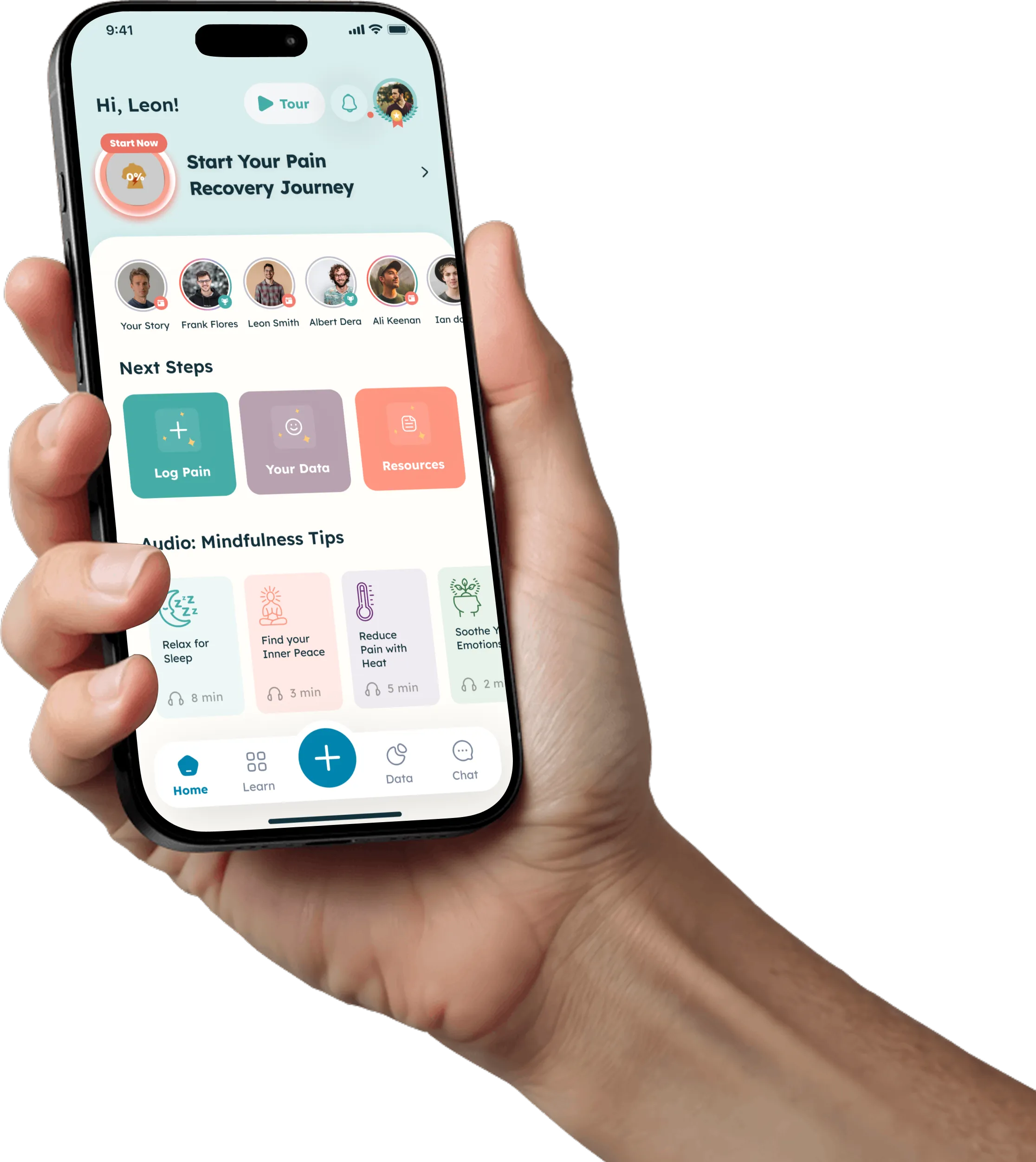 Hand holding smartphone displaying a pain recovery app with options for logging pain, viewing data, resources, and mindfulness audio tips.