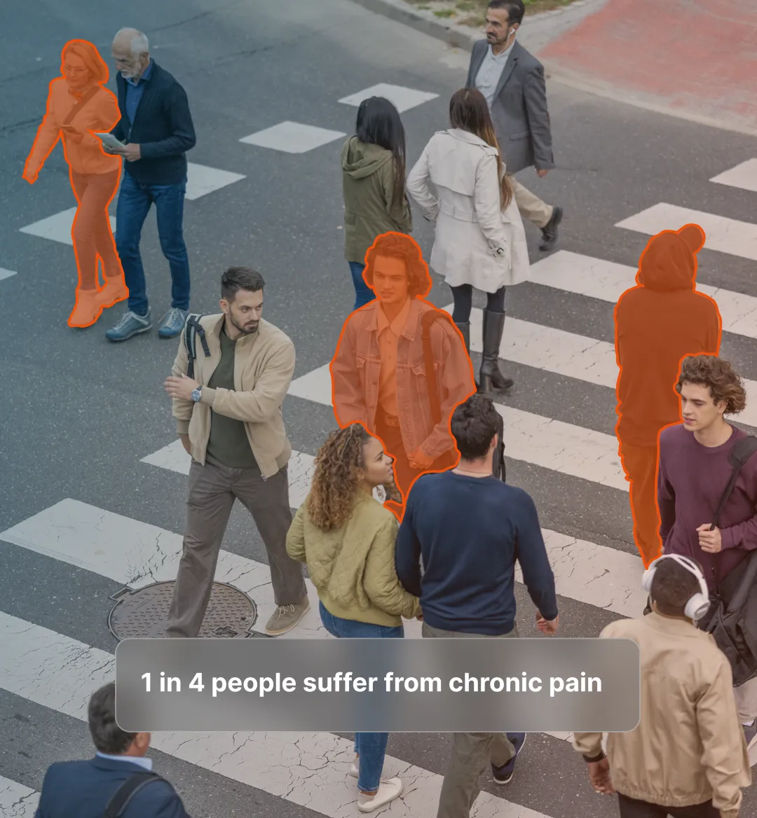 Overhead view of diverse people crossing a street with four individuals highlighted in orange to represent 1 in 4 people suffering from chronic pain.