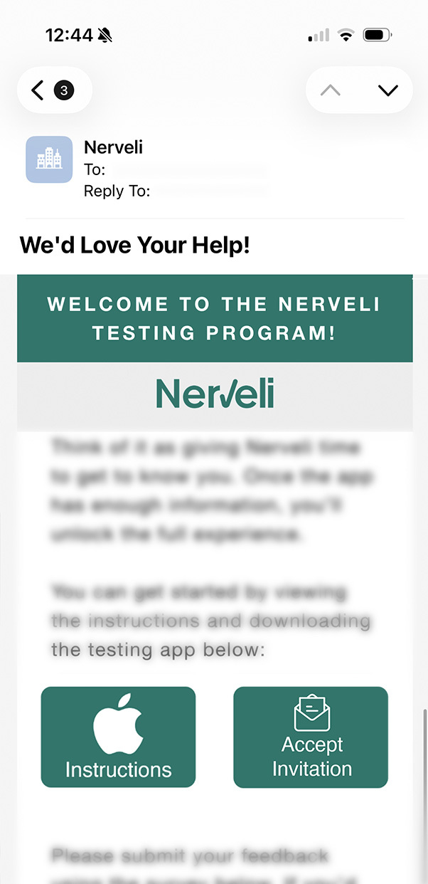 The Nerveli invitation email on an iPhone