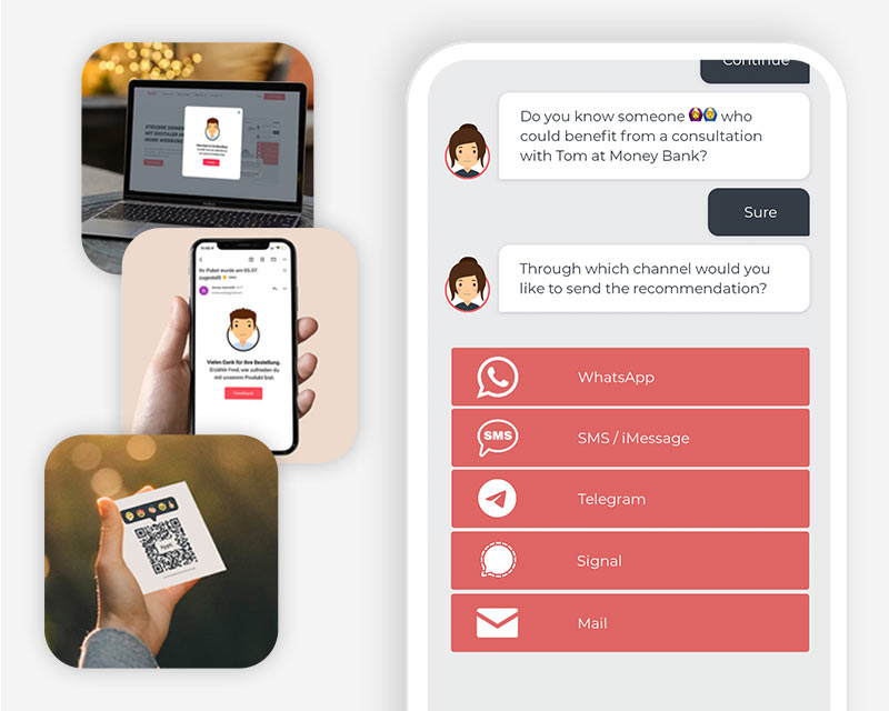 Three images showing the ways to enter the hypt chat funnel: a website popup, an email with a link, and the personal handover of a QR code. In addition, there is a snippet of the chatbot conversation displayed on a smartphone.
