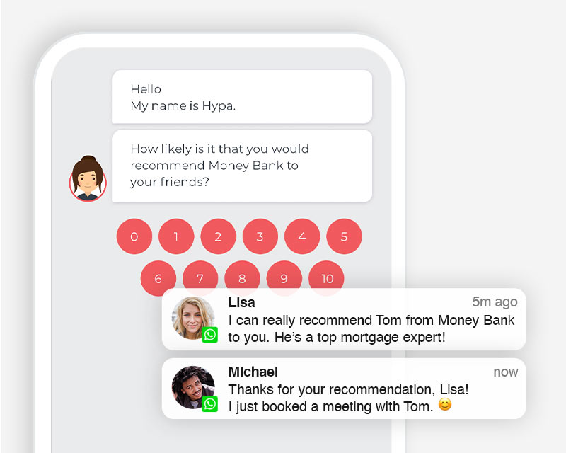 A snippet of the hypt chatbot conversation with an NPS survey, along with a section of a messenger message in which a company is recommended.