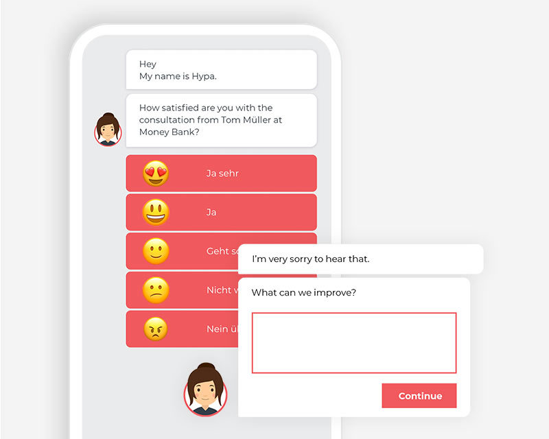 A snippet of the hypt chatbot conversation with an NPS survey, along with a snippet of a messenger message in which a company is recommended.