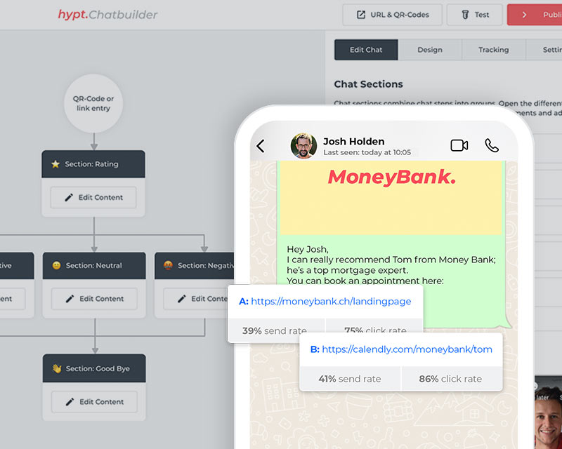 A snippet of the hypt Chatbuilder alongside an excerpt from a messenger conversation in which a company is recommended.