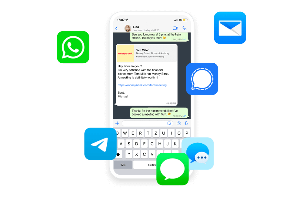 A smartphone displaying a messenger conversation, surrounded by various messenger service logos.