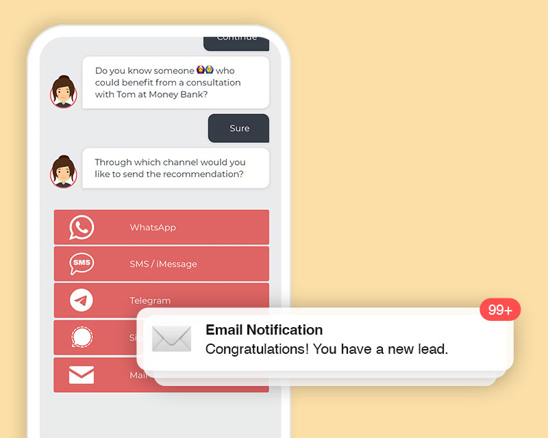 An excerpt from the chatbot conversation asking for a recommendation and an image of an email notification with the subject “Congratulations! You've got a new lead.”