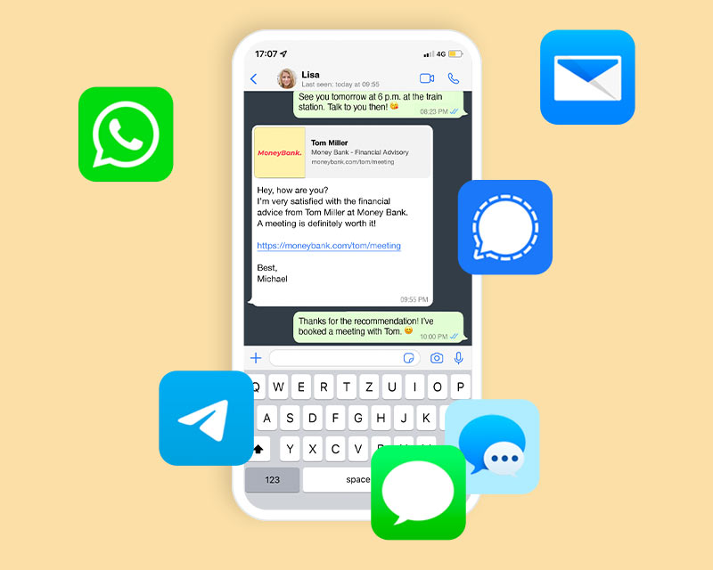 A smartphone displaying a messenger conversation in which a company is recommended, surrounded by logos of various messenger services