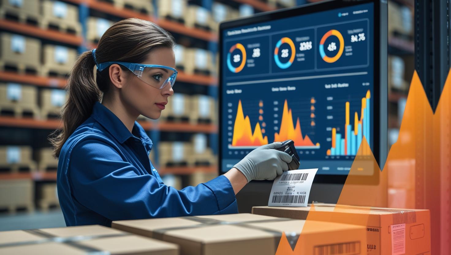 A warehouse worker scans a barcode on a packed order while looking at a dashboard showing real-time inventory levels, with shelves of products in the background and digital overlays highlighting fulfillment metrics.
