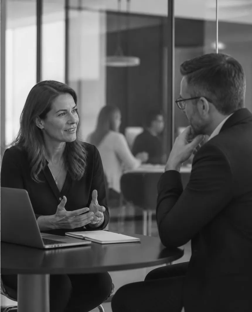 Coach in a one to one leadership coaching session with a business leader in an office meeting room