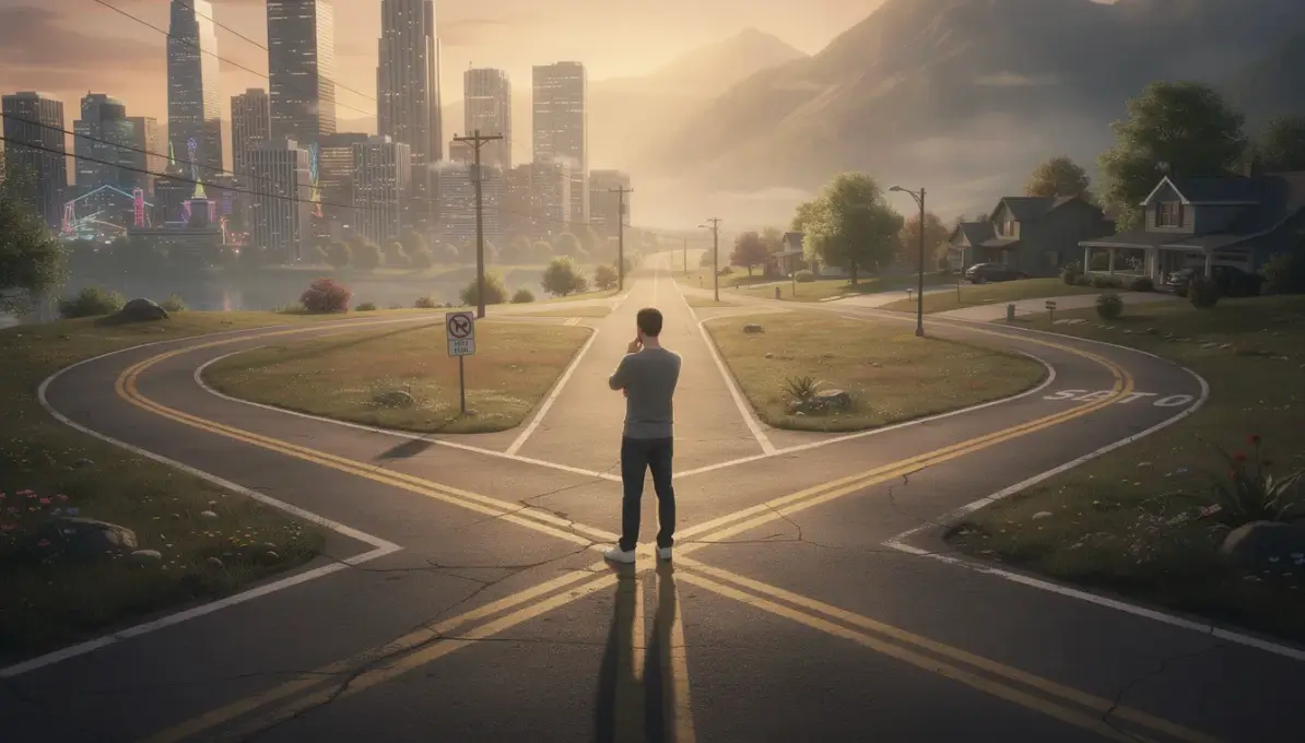 Person standing at crossroads contemplating future direction and life choices