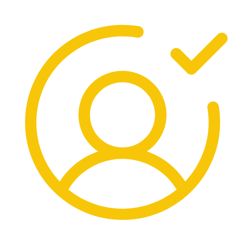 Yellow user profile icon with circular outline and checkmark symbol.