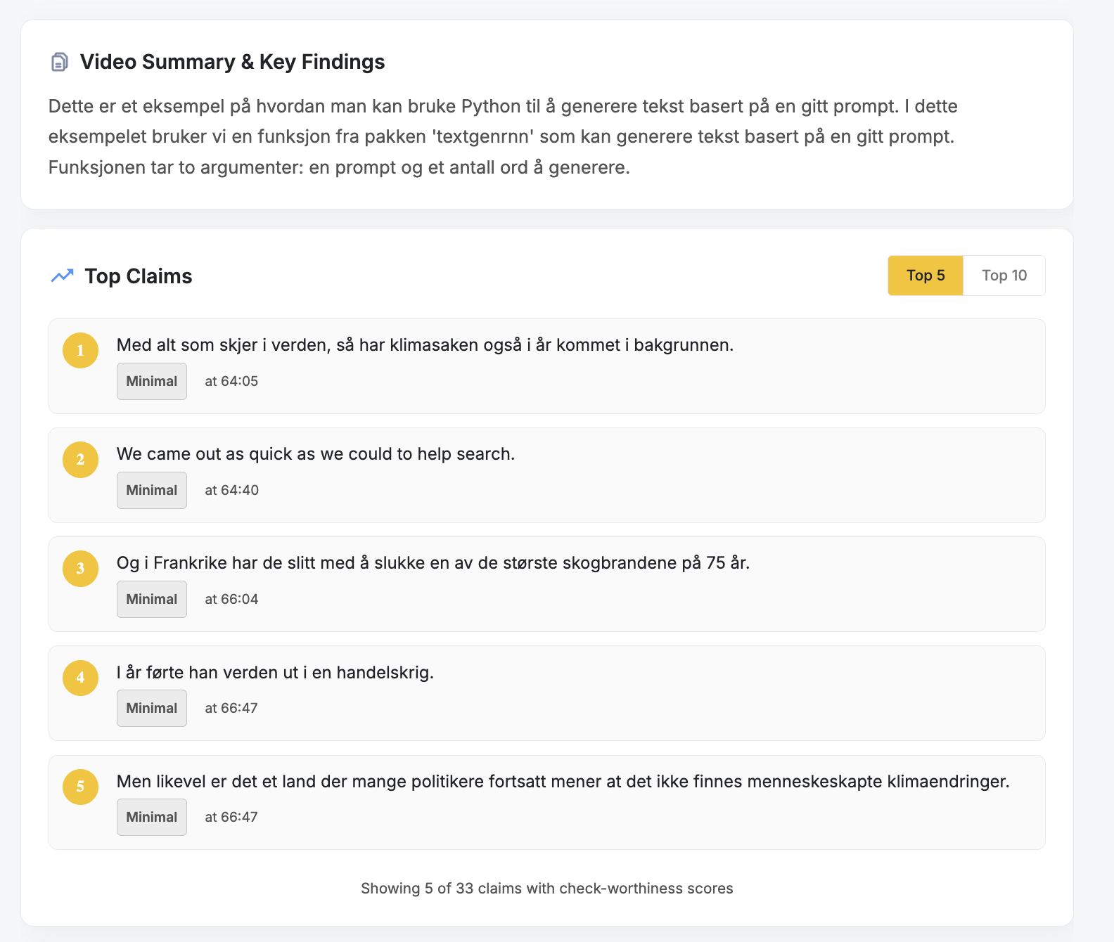 Interface showing a video summary and top 5 key claims including topics on climate background, quick help search, French wildfires, trade war, and climate change skepticism.