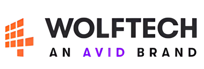 WOLFTECH logo with orange grid icon to the left and text 'AN AVID BRAND' below, with 'AVID' in purple.