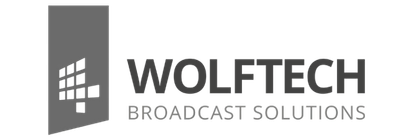 Wolftech logo featuring a stylized tower symbol with the text 'WOLFTECH BROADCAST SOLUTIONS'.