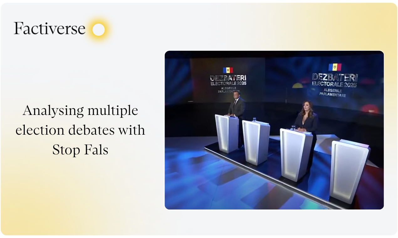 Two individuals standing behind illuminated podiums on a stage with screens showing 'DEZBATERI ELECTORALE 2025 ALEGERILE PARLAMENTARE'.