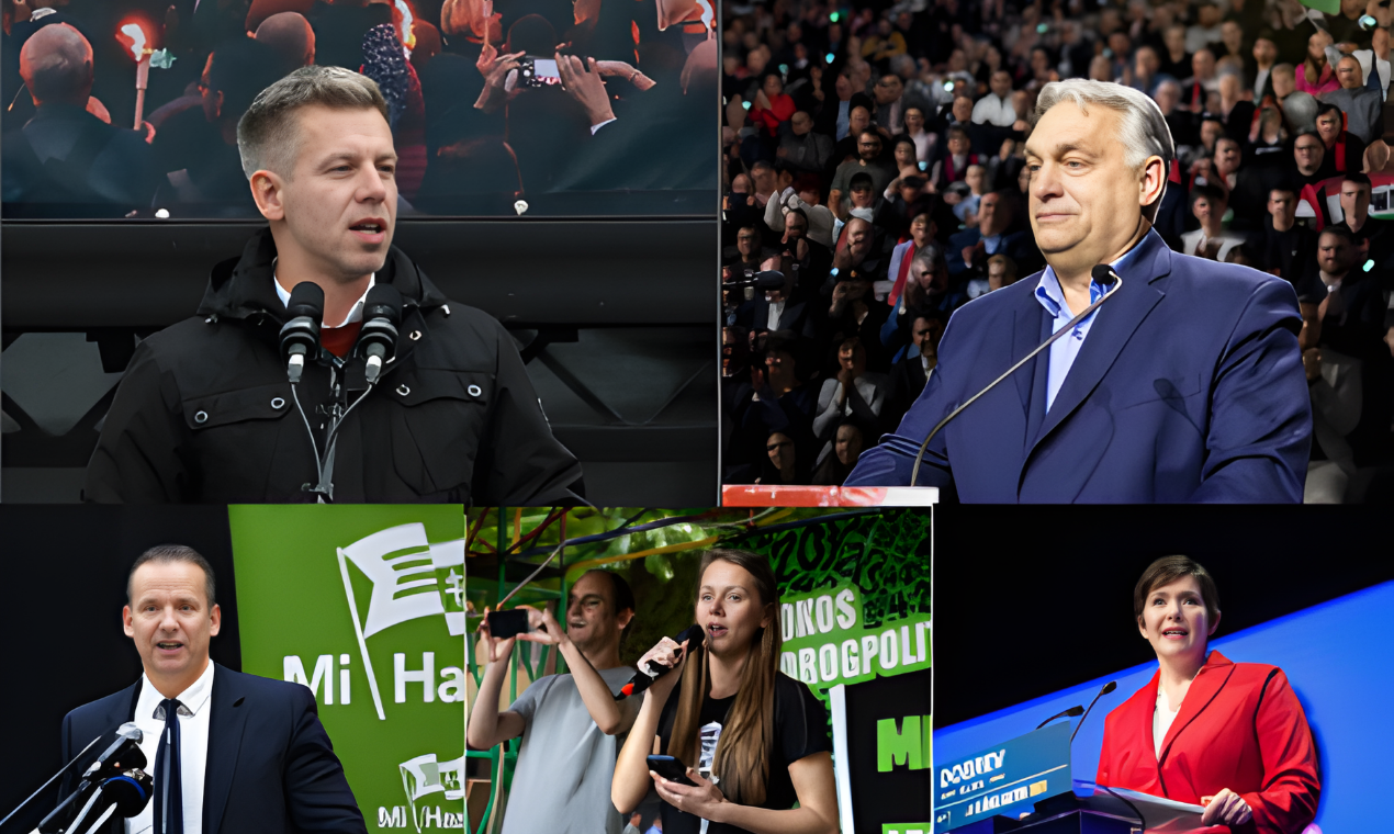 Collage of five political figures speaking at various events with diverse audiences and campaign backgrounds. Hungarian political leaders from 2026.