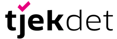 Logo with the word 'tjekdet' in black lowercase letters and a pink check mark above the letter 'j'.