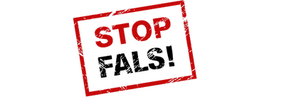 Red rectangular stamp with the uppercase text 'STOP' in bold red letters and 'FALS' in black letters beneath it, partially obscured.