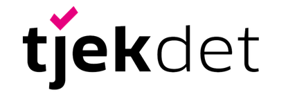 Logo with the word 'tjekdet' in lowercase black letters and a pink checkmark above the letter 'j'.