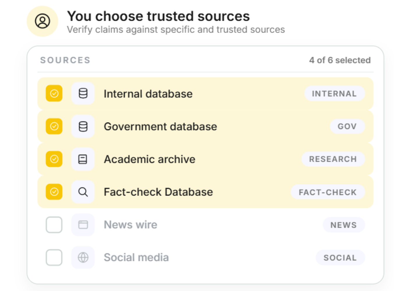 Interface panel titled 'You choose trusted sources' with options to verify claims against specific sources, showing 4 of 6 selected: Internal database, Government database, Academic archive, and Fact-check Database are checked; News wire and Social media are unchecked.