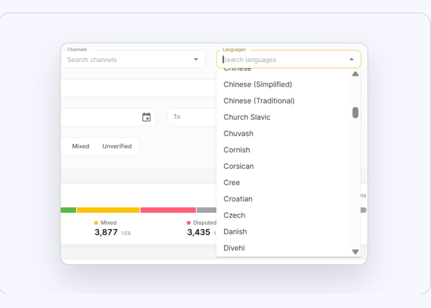 User interface displaying a dropdown menu labeled 'Languages' with a search box and a scrollable list of language options including Chinese, Chinese (Simplified), Chinese (Traditional), Church Slavic, Chuvash, Cornish, Corsican, Cree, Croatian, Czech, Danish, and Divehi.