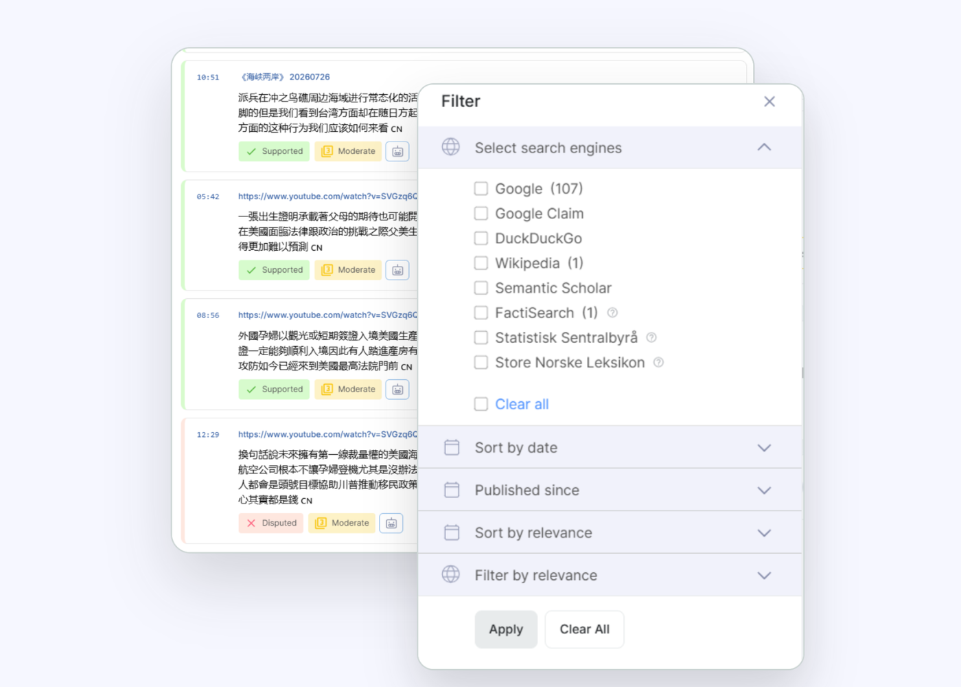 Screenshot of a search interface with a filter panel open on the right showing options to select search engines including Google, DuckDuckGo, Wikipedia, Semantic Scholar, and others, plus options to sort by date, published since, sort by relevance, and filter by relevance, with Apply and Clear All buttons below. The left side displays search results with timestamps, URLs, Chinese text excerpts, and labels indicating support status and moderation level.