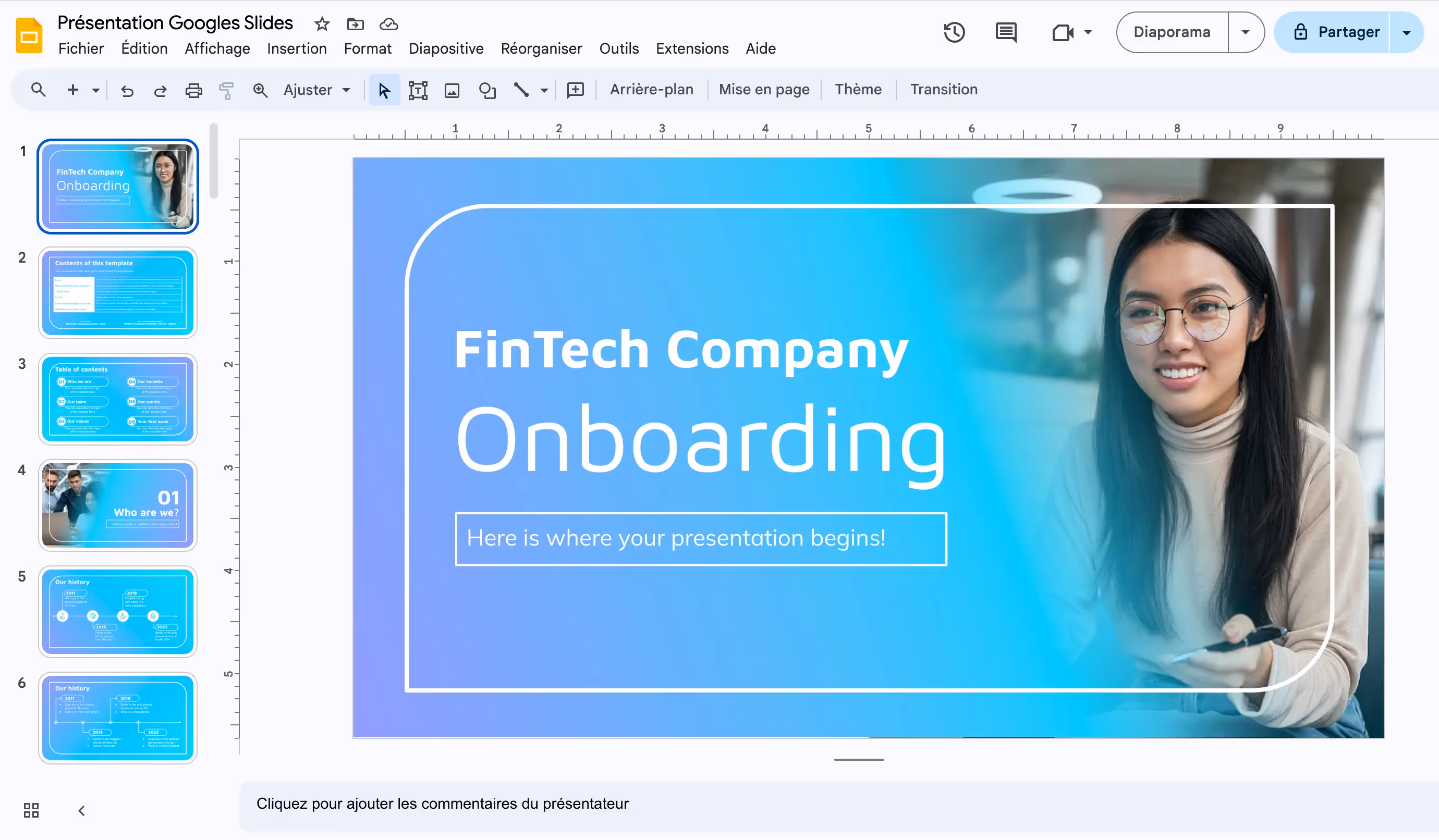 Présentation Google Slides tableau de bord