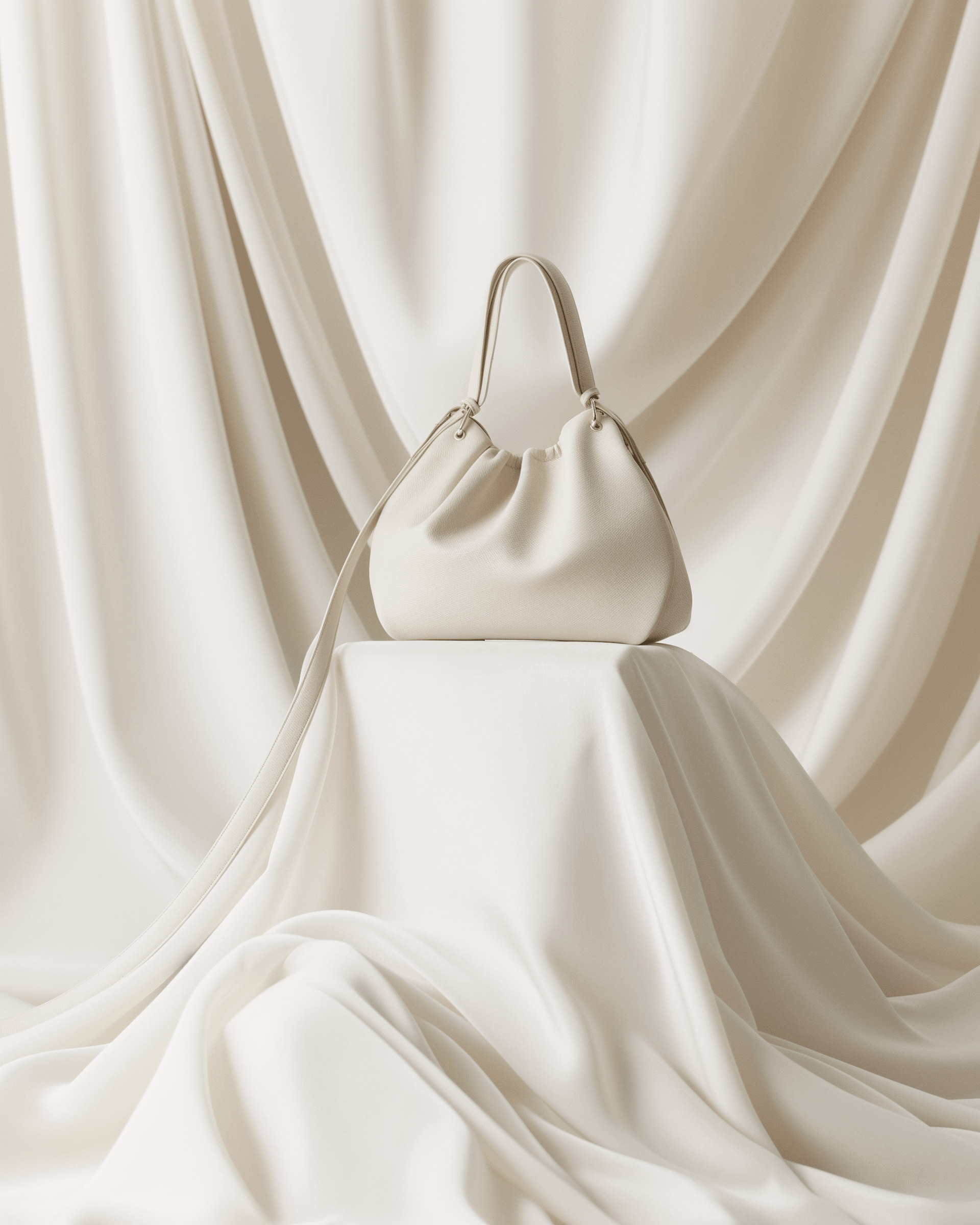 A cream leather bag set against a soft fabric backdrop, highlighting its smooth texture and elegant design.