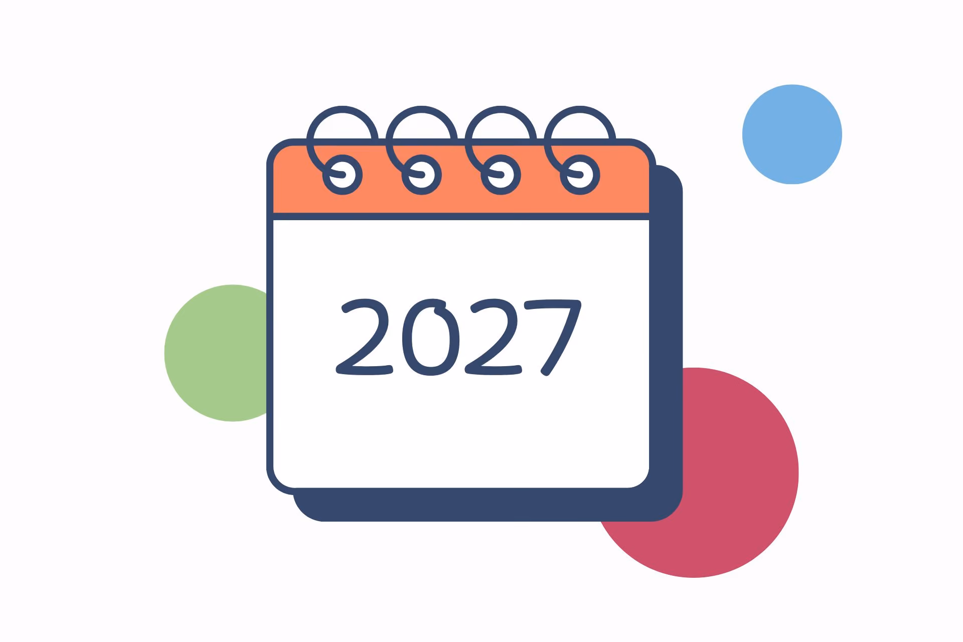 Illustration eines Kalenderblatts mit der Jahreszahl 2027 und bunten Kreisen im Hintergrund.