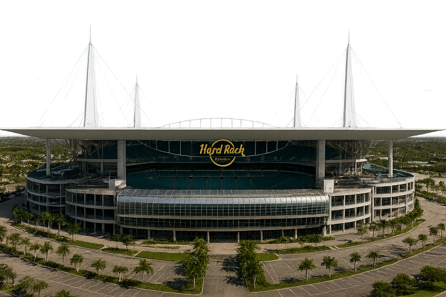 Front entrance of Hard Rock Stadium in Miami with luxury car service access