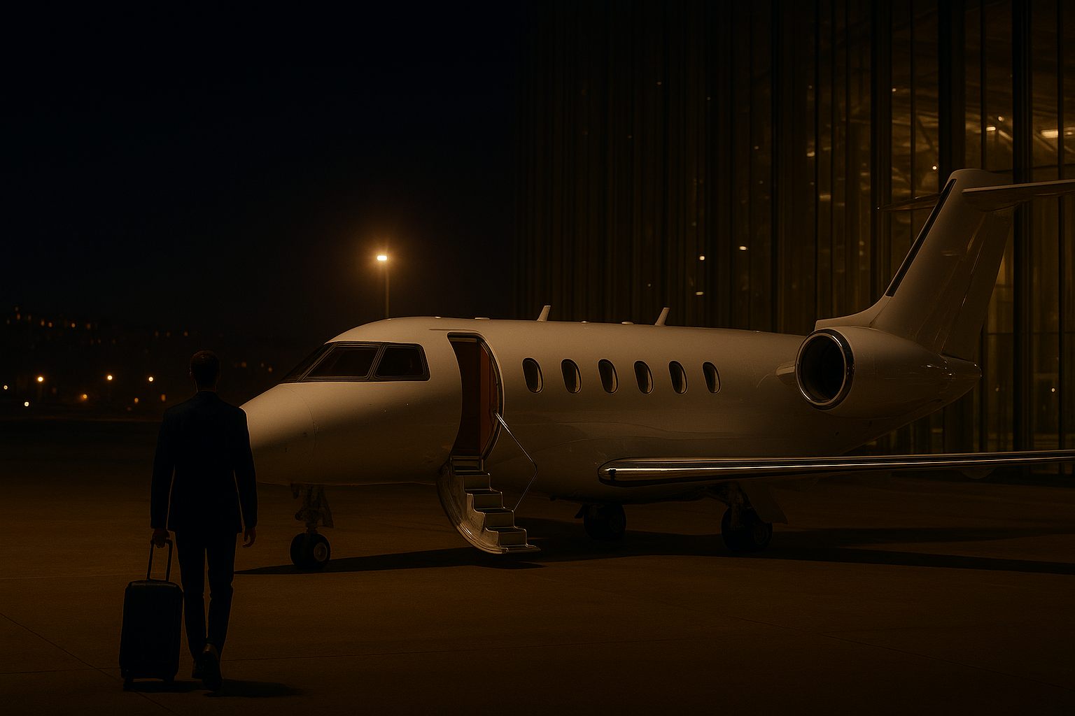 Business traveler walking toward a private jet at night in Opa Locka, highlighting luxury car service to Opa Locka Executive Airport for seamless and stylish travel.