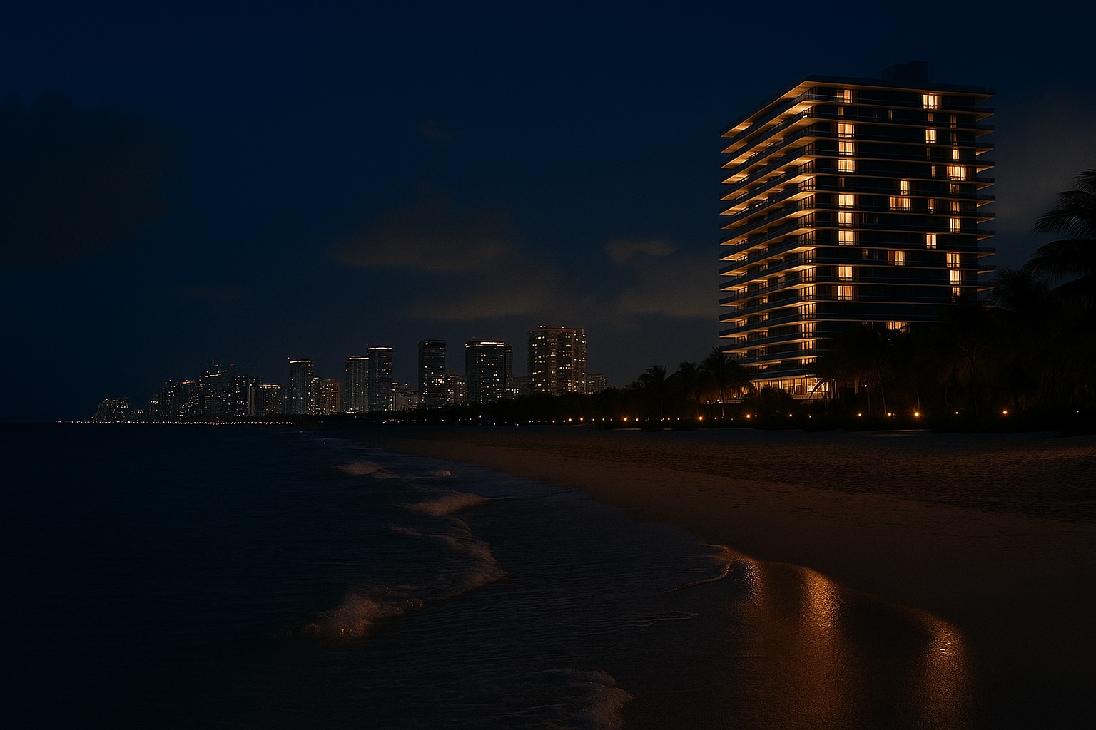 1 Hotel South Beach at night viewed from the ocean side, with illuminated exterior and calm water reflections.