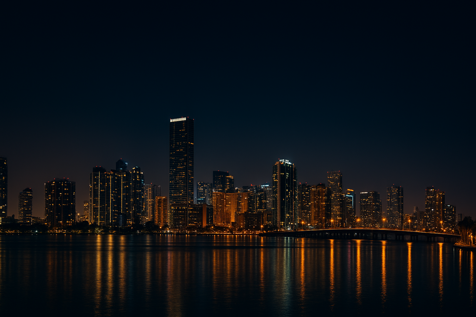 A panoramic night view of downtown Miami with illuminated skyscrapers reflecting on the calm bay waters under a dark sky, featuring the text “Best Car Service in Miami – Miami Choice Limo,” ideal for a website header or homepage banner.