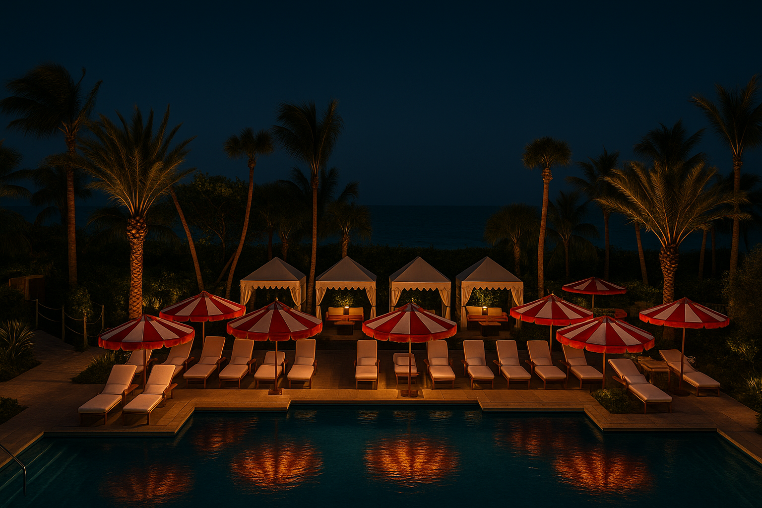 Night view of the luxury Faena Hotel Miami Beach pool with red and white umbrellas, illuminated cabanas, palm trees, and ocean backdrop — captured in cinematic, hyper-realistic lighting for Miami Choice Limo website.