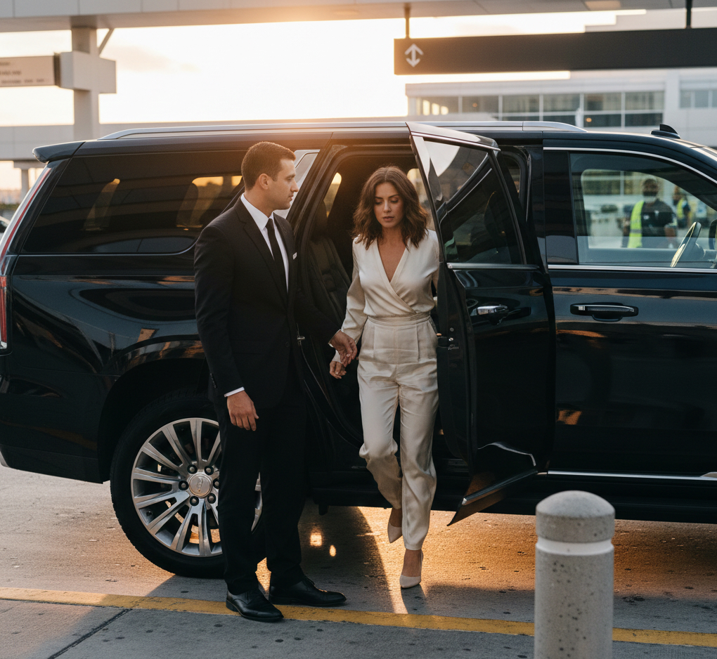 Miami Airport limo service by Miami Choice Limo professional driver helping a traveler exit a luxury SUV at MIA