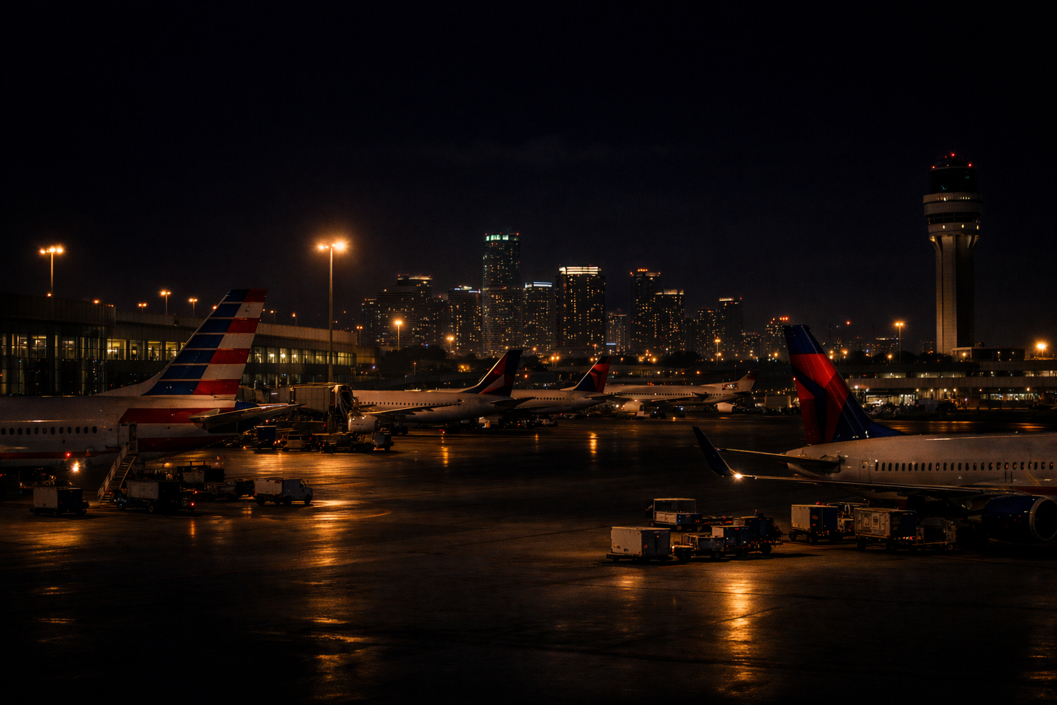 Miami Choice Limo Miami airport limo service at MIA with parked airplanes on wet tarmac at night