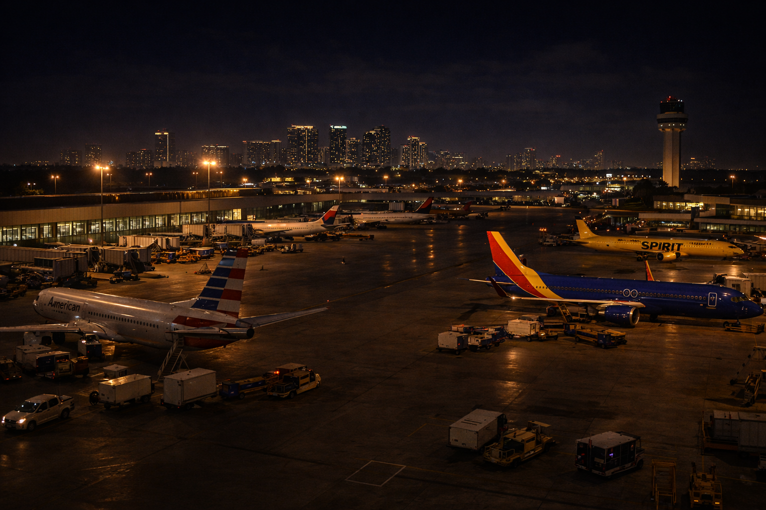 Fort Lauderdale-Hollywood International Airport at night with multiple parked planes, wet tarmac reflections, ground service vehicles, and the illuminated control tower with the city skyline in the background.