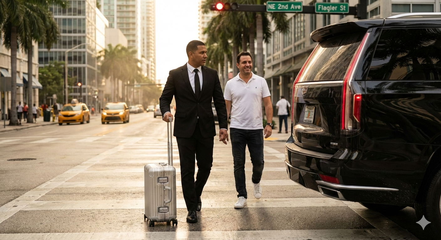 Chauffeur in a suit walking with a passenger toward a black Cadillac Escalade in Downtown Miami.