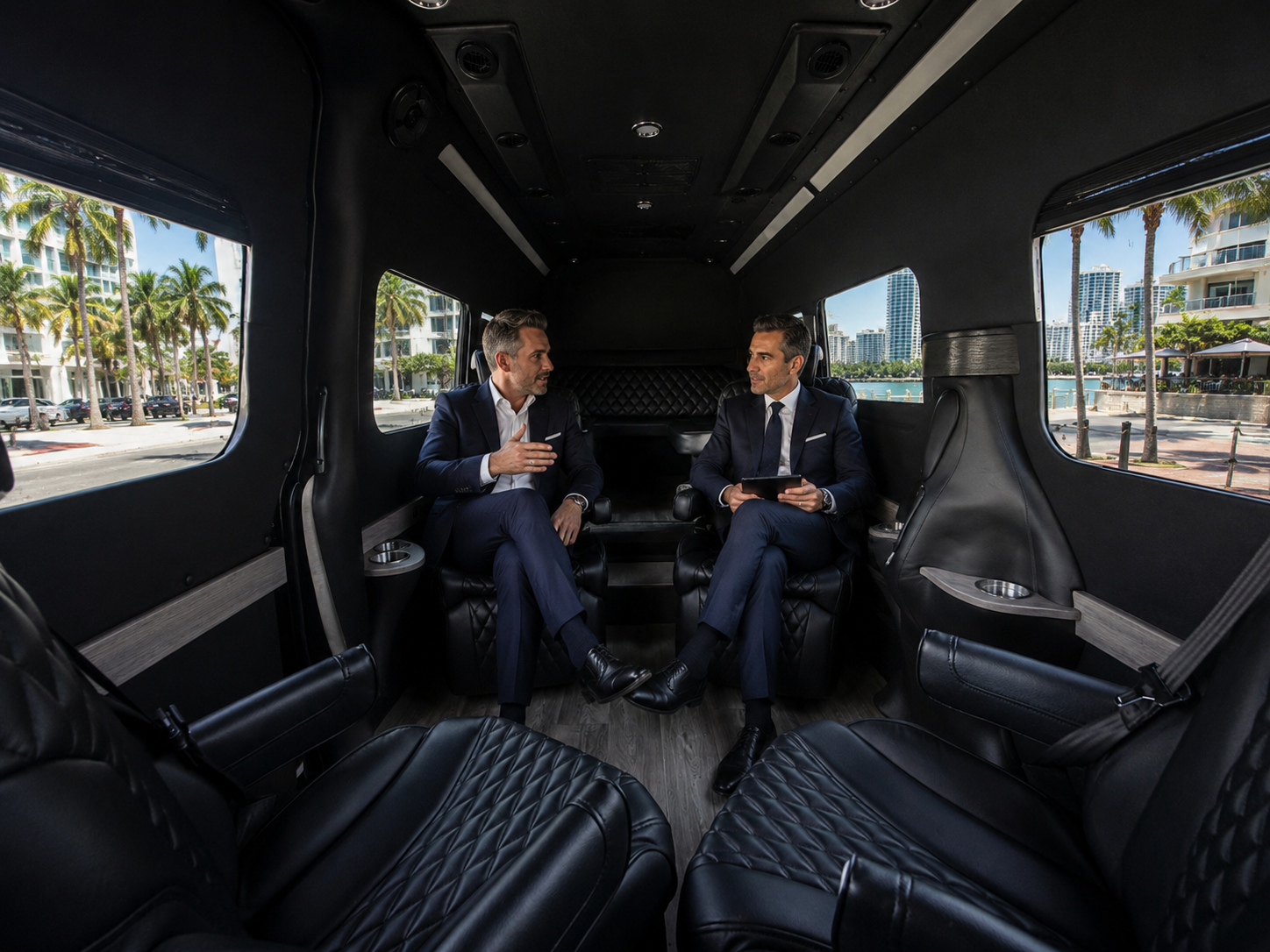 Miami Choice Limo corporate transportation in Miami featuring business executives traveling in a luxury Mercedes-Benz Sprinter with premium black leather seating.