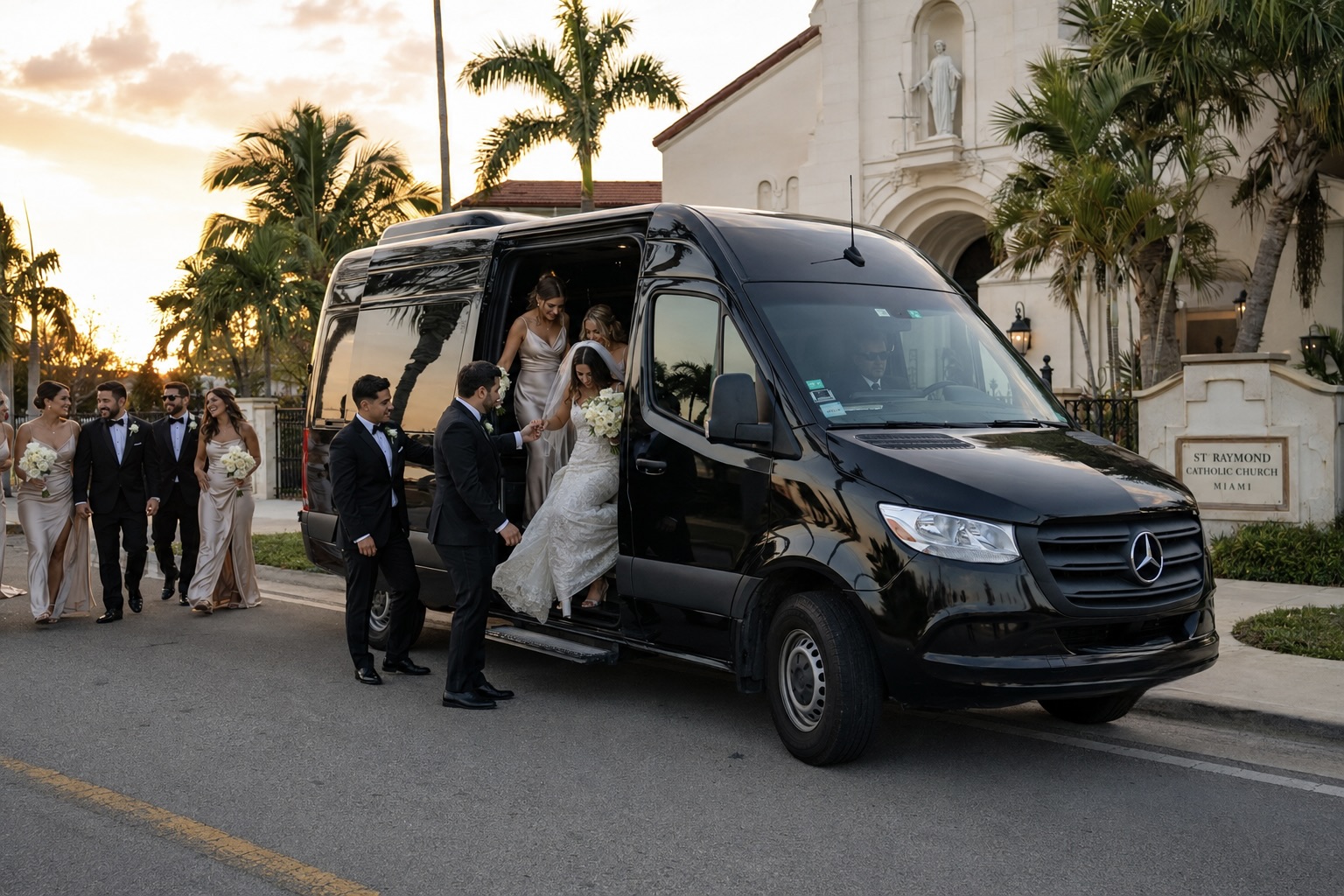 Miami Choice Limo Mercedes-Benz Sprinter providing wedding transportation in Miami, with a bride, bridesmaids, and groomsmen arriving at a church in a luxury black Sprinter van.