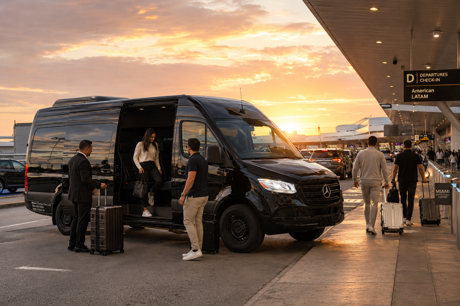 Miami Choice Limo black Mercedes-Benz Sprinter van providing luxury group transportation at Miami International Airport, dropping off passengers and luggage at the departures terminal during sunset.