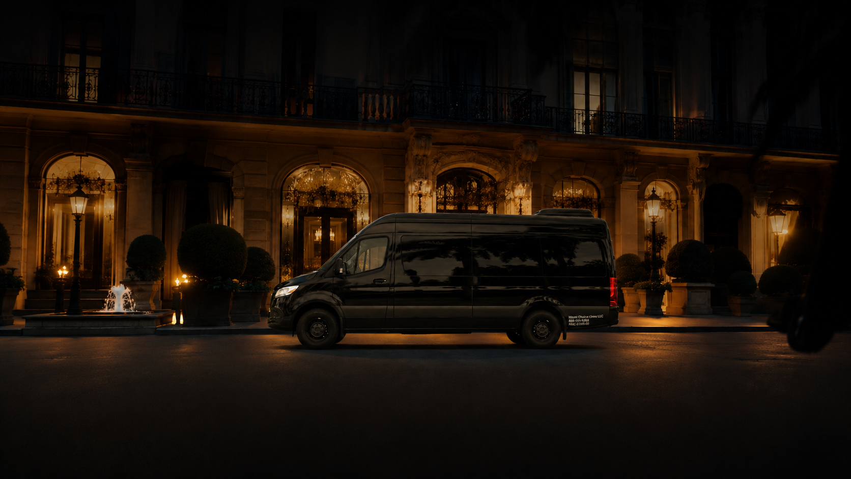 Miami Choice Limo black Mercedes Sprinter Shuttle Service in Miami, providing luxury private group transportation, airport transfers, and event transportation.
