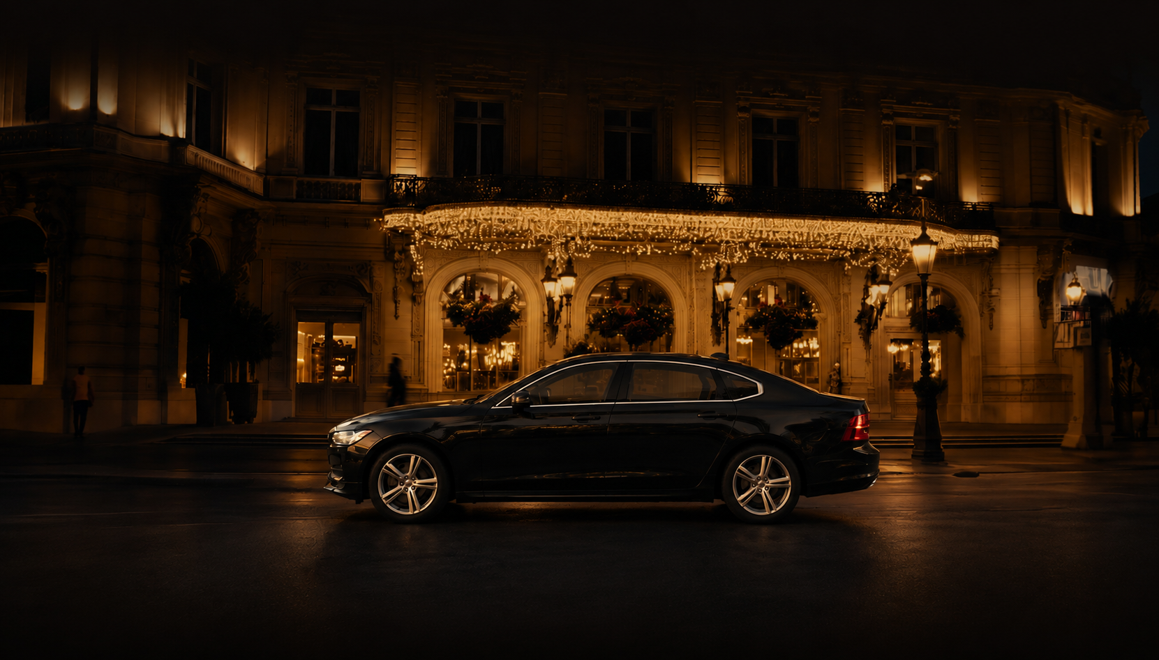 Black luxury sedan providing Car Service in Miami by Miami Choice Limo, parked outside an elegant, illuminated luxury venue at night.