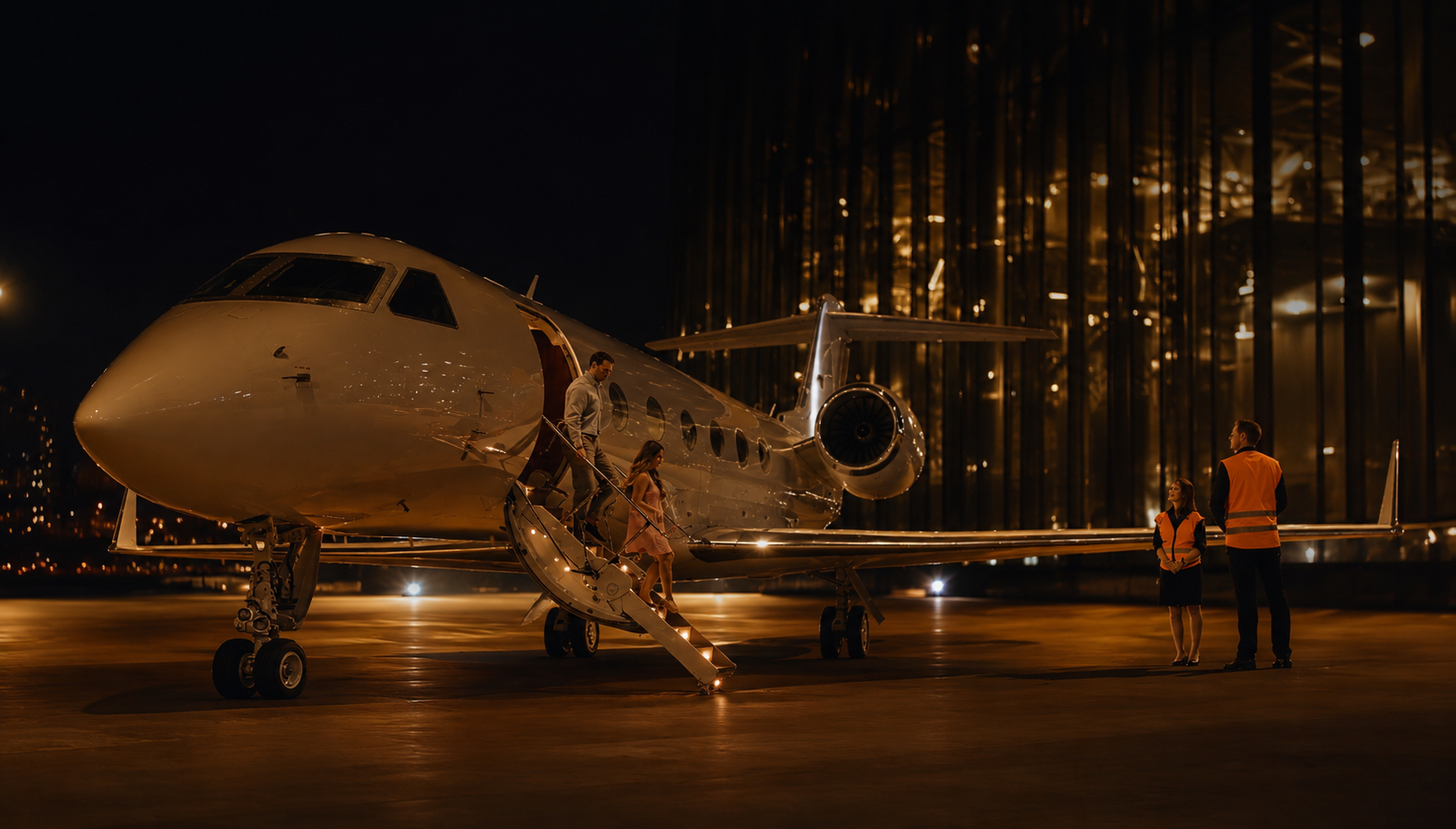 Luxury private jet arrival at Atlantic Aviation with passengers and ground crew, showcasing premium Airport Transportation by Miami Choice Limo.