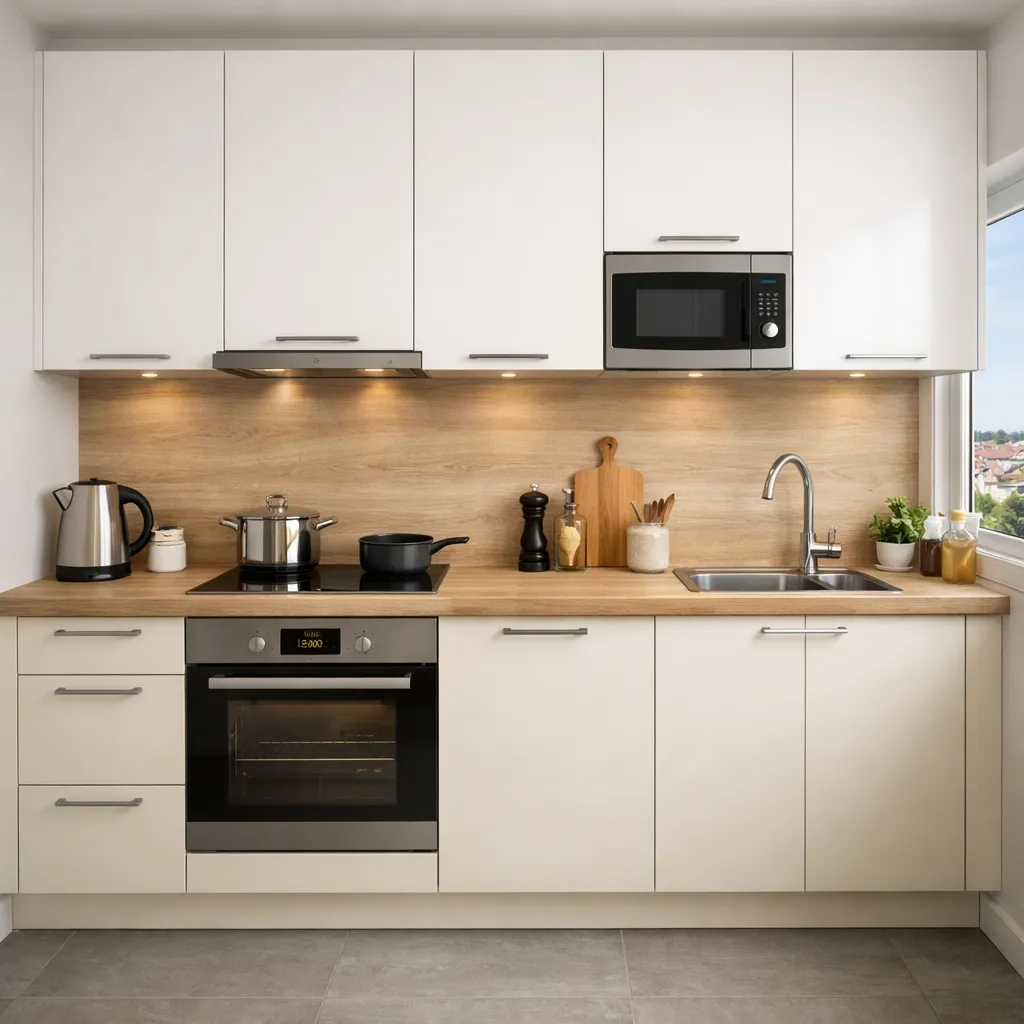 Malá kuchyň na míru v bílé barvě s dřevěnou pracovní deskou a obkladem, vestavnou troubou, mikrovlnnou troubou, varnou deskou a nerezovým dřezem u okna.