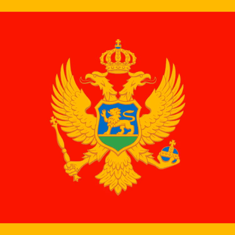 Montenegro flag featuring a golden two-headed eagle with a crown on a red background bordered by narrow golden stripes.