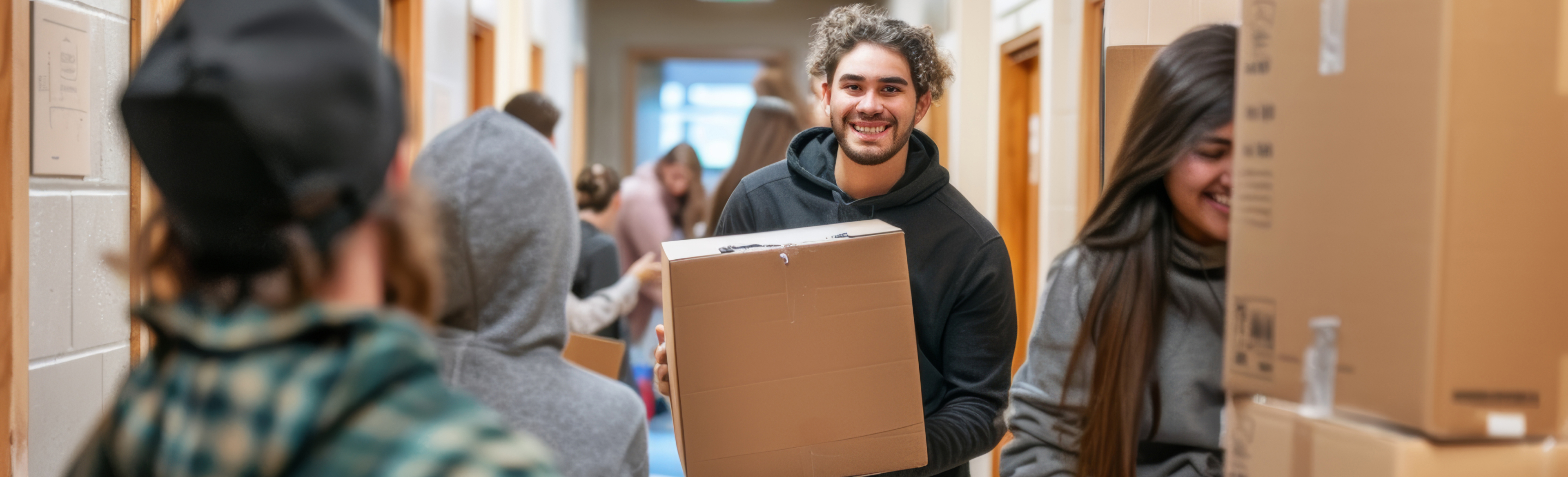 es étudiants transportant des boîtes et discutant dans un couloir animé, illustrant l’agitation du jour du déménagement dans un campus universitaire à Montréal.
