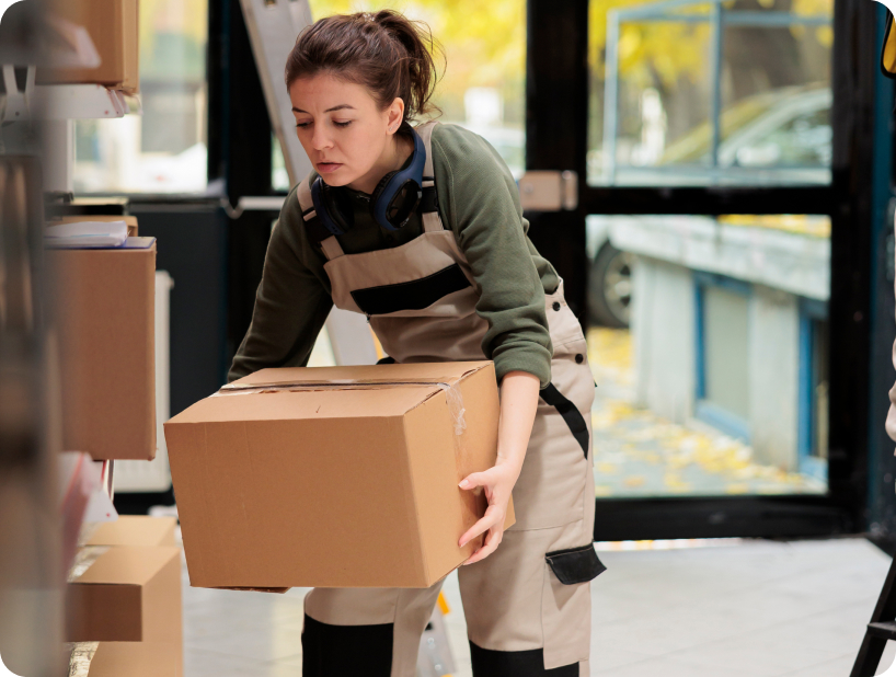 Un employé de magasinage plaçant des boîtes sur des étagères dans un entrepôt, mettant en avant la sécurité et l’organisation du transport des biens lors d’un déménagement.