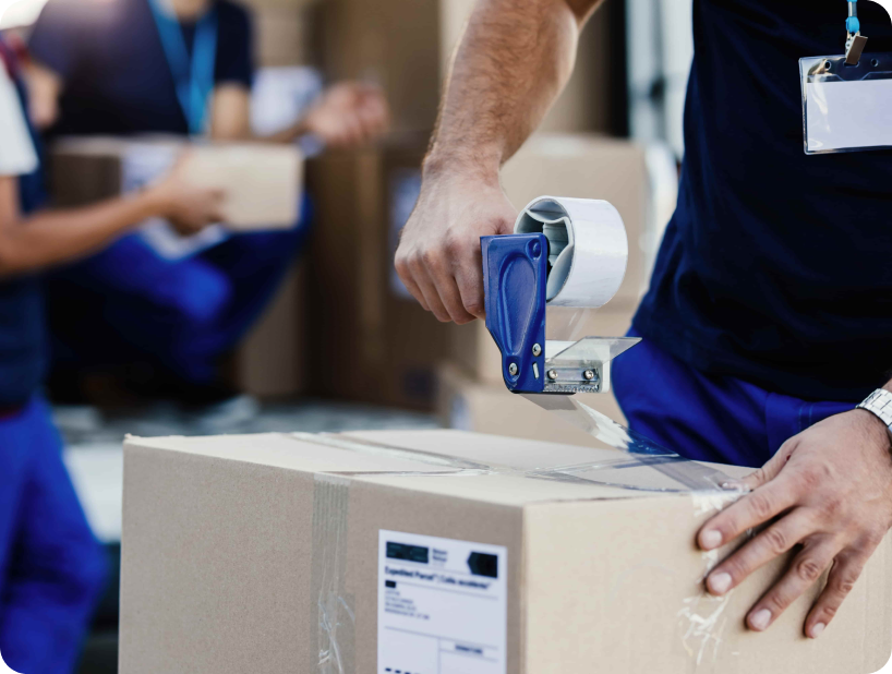 Deux déménageurs en combinaison bleue et casquette blanche chargeant soigneusement des cartons étiquetés "Fragile" dans une camionnette.