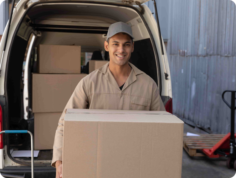 Deux déménageurs en combinaison bleue et casquette blanche chargeant soigneusement des cartons étiquetés "Fragile" dans une camionnette.