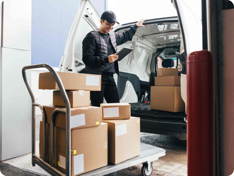 Un déménageur professionnel en uniforme orange soulevant un grand carton depuis un camion lors d’un déménagement d’objets lourds par une journée ensoleillée.